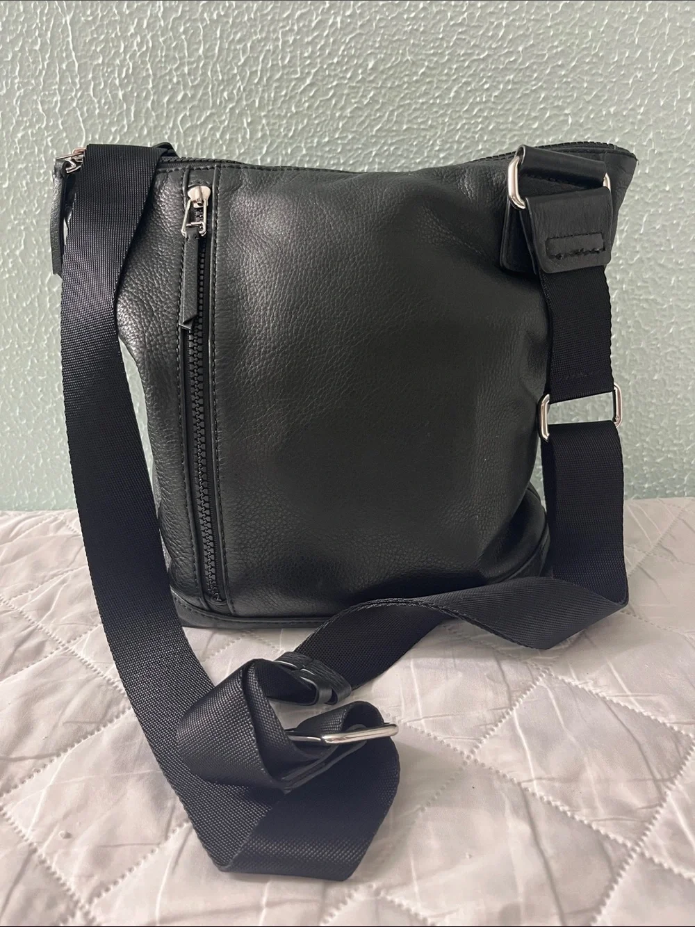 Margot Black Leather Messenger Crossbody with Wide Strap